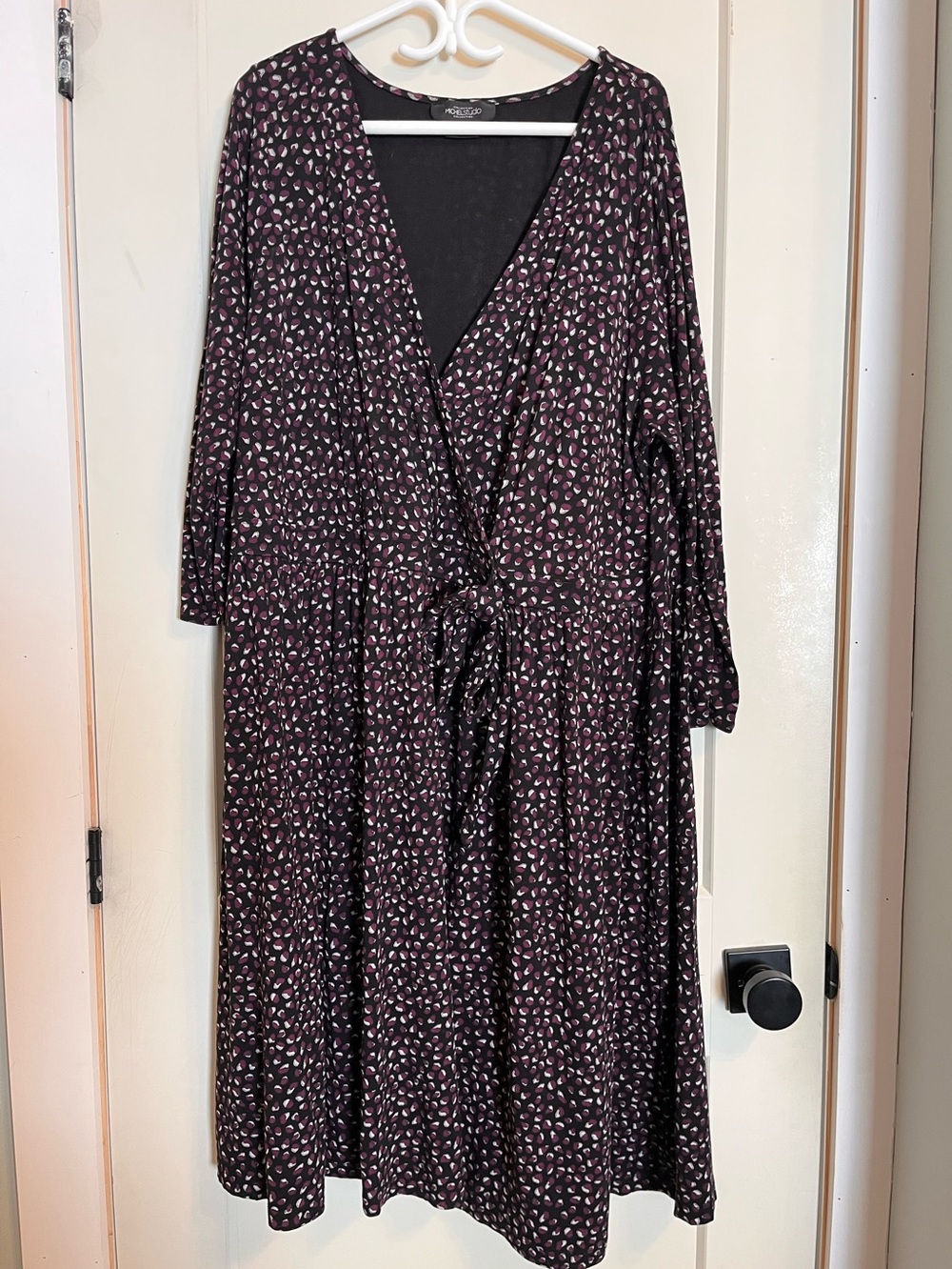 Michel Studio Faux Wrap Black Dress with Plum and Gray Print